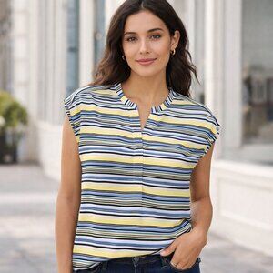 Ann Taylor Yellow Blue Striped Blouse Cap Sleeve Split Neck Top Women’s Small